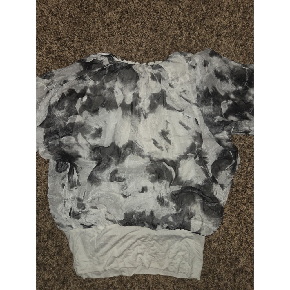 GIUSY Italy Silk Blend Tie Dye Blouse M Gray Off Shoulder Bubble Hem Batwing Top